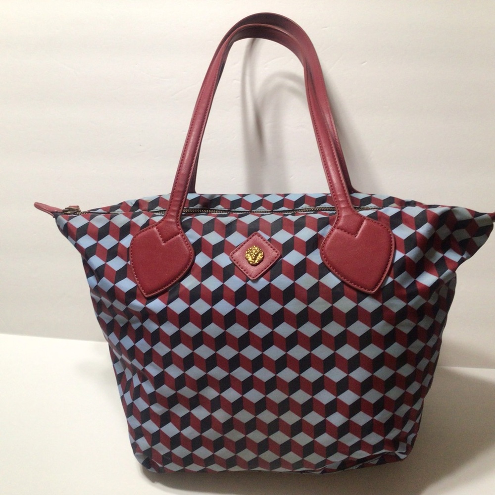 Anne Klein Blue and Maroon Nylon Zip Long Handle Tote Bag